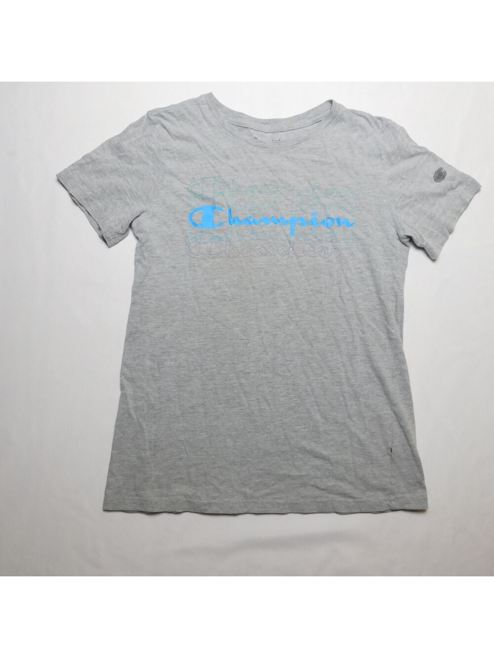 Champion Shirt Girls Large L Gray Blue Aqua Script Spellout Graphic Logo Athleti